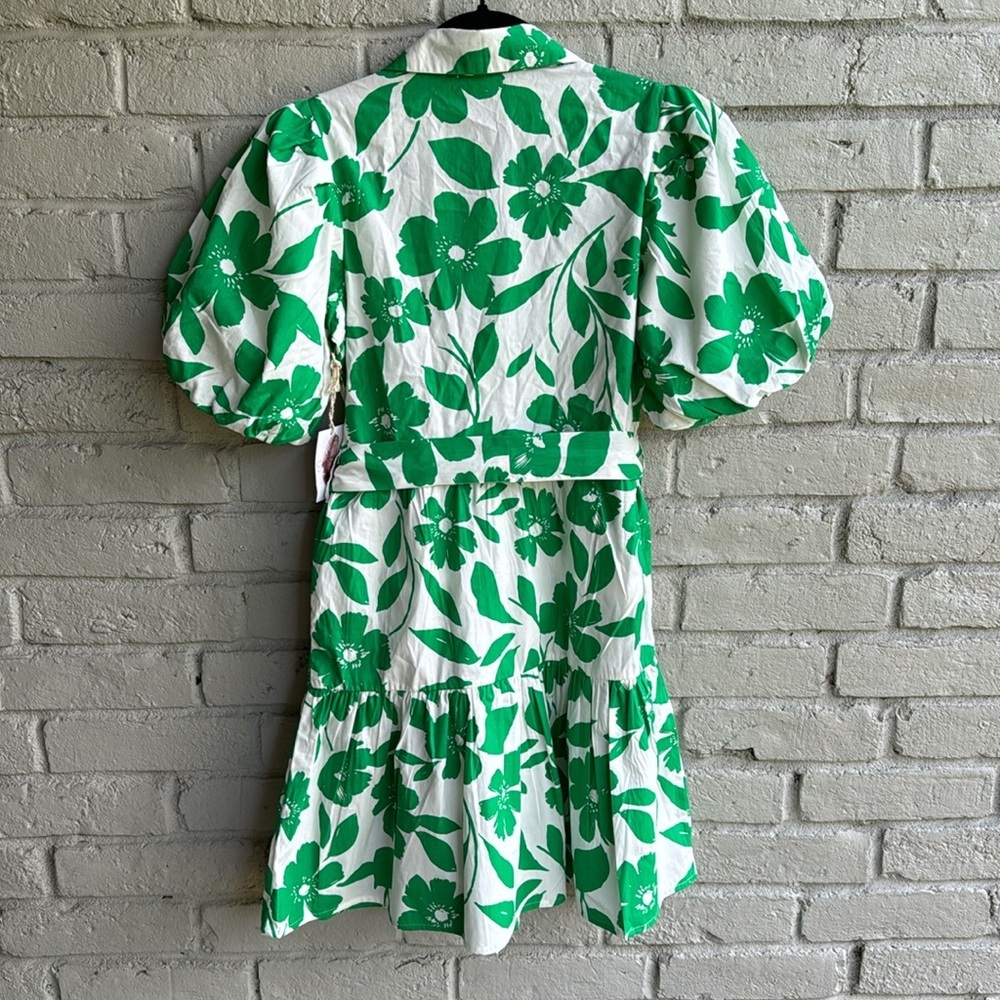 Jessica Simpson Sz XS Dress Cotton Green&White Puffy sleeve pockets Tiered Belt - Picture 2 of 6